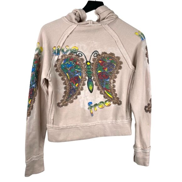 2B Free Zip Up Hoodie Juniors Butterfly Graphic Tan Size XS 90's Y2K - Picture 1 of 13